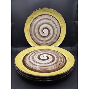 Vtg 50s SANTA ANITA VRENIWARE Yellow/brown Spiral 10" Dinner Plates. Set Of 5